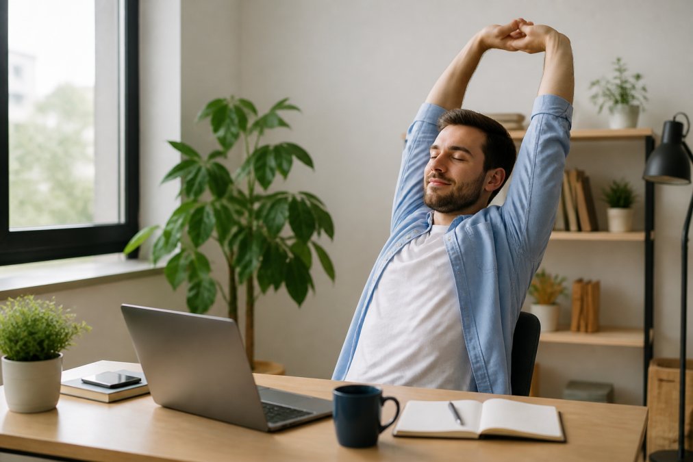 Persona tomando un descanso frente a un portátil, estirando los brazos por encima de la cabeza en un escritorio ordenado en casa, postura relajada, planta verde al fondo sugiriendo un ambiente de trabajo saludable, luz natural suave