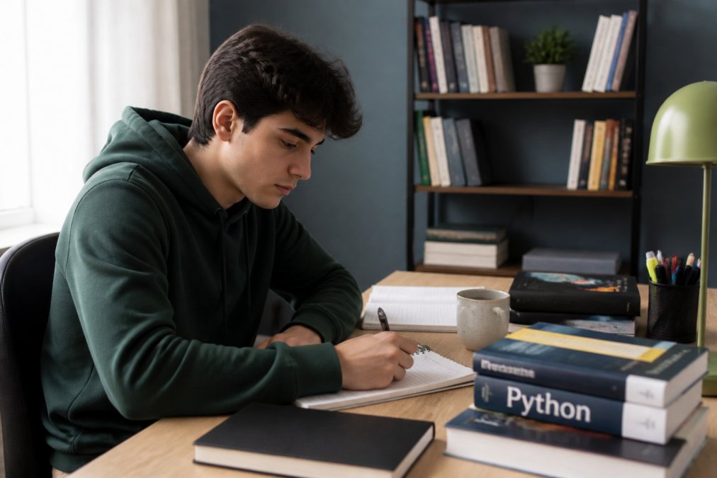 Persona joven sentada frente a una pantalla de computadora en un espacio de estudio bien iluminado, con libros de programación y una taza de café, mostrando concentración y determinación al comenzar a aprender