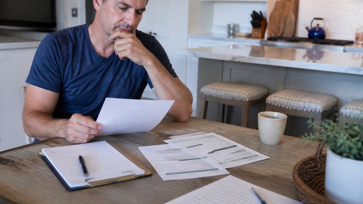 Homeowner reviewing multiple electrical service estimates on paper at kitchen table with clipboard, pen, and comparison notes in natural daylight