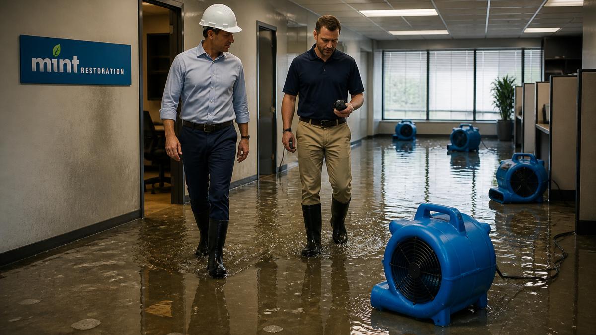 A commercial property manager in a hard hat walking through a flooded office space with a restoration technician holding a moisture meter, industrial air movers running in the background