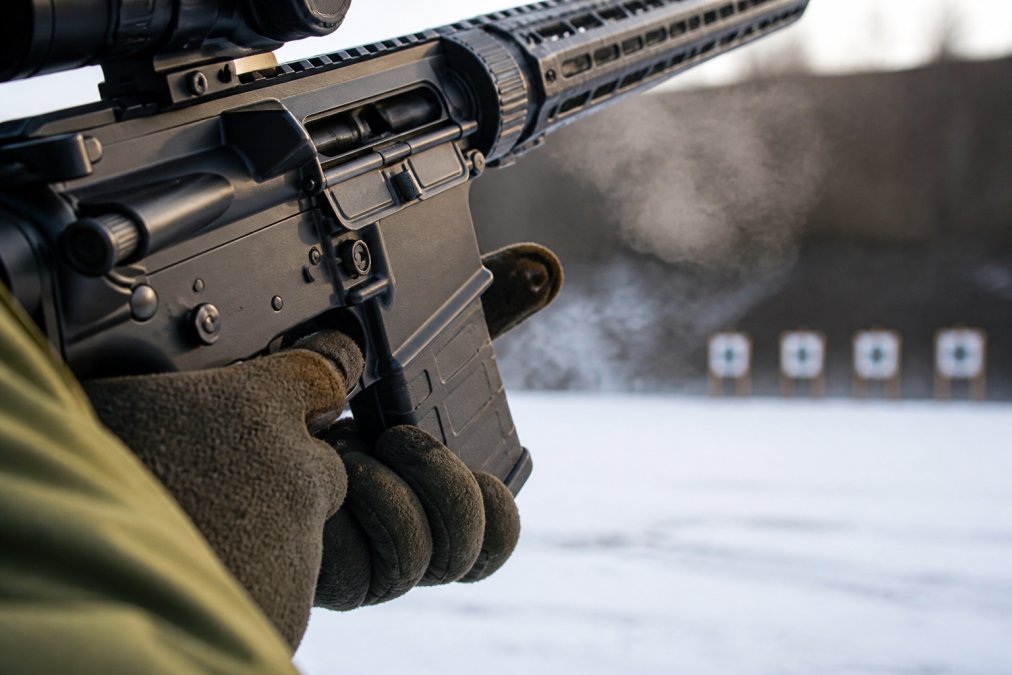 Close-up of a shooter's gloved hand resting on a black AR-15 lower receiver trigger guard inside a cold-weather range setting, breath visible in the air