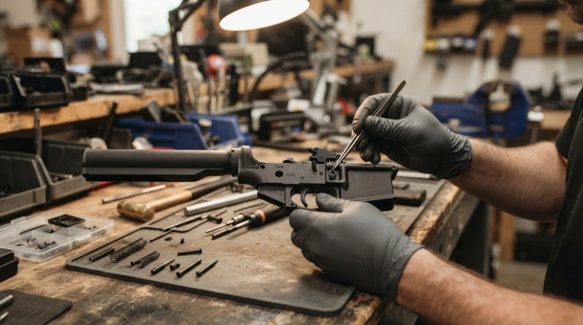 Gunsmith working on an AR-15 lower receiver with a trigger reset spring and drop-in cassette on a workbench.