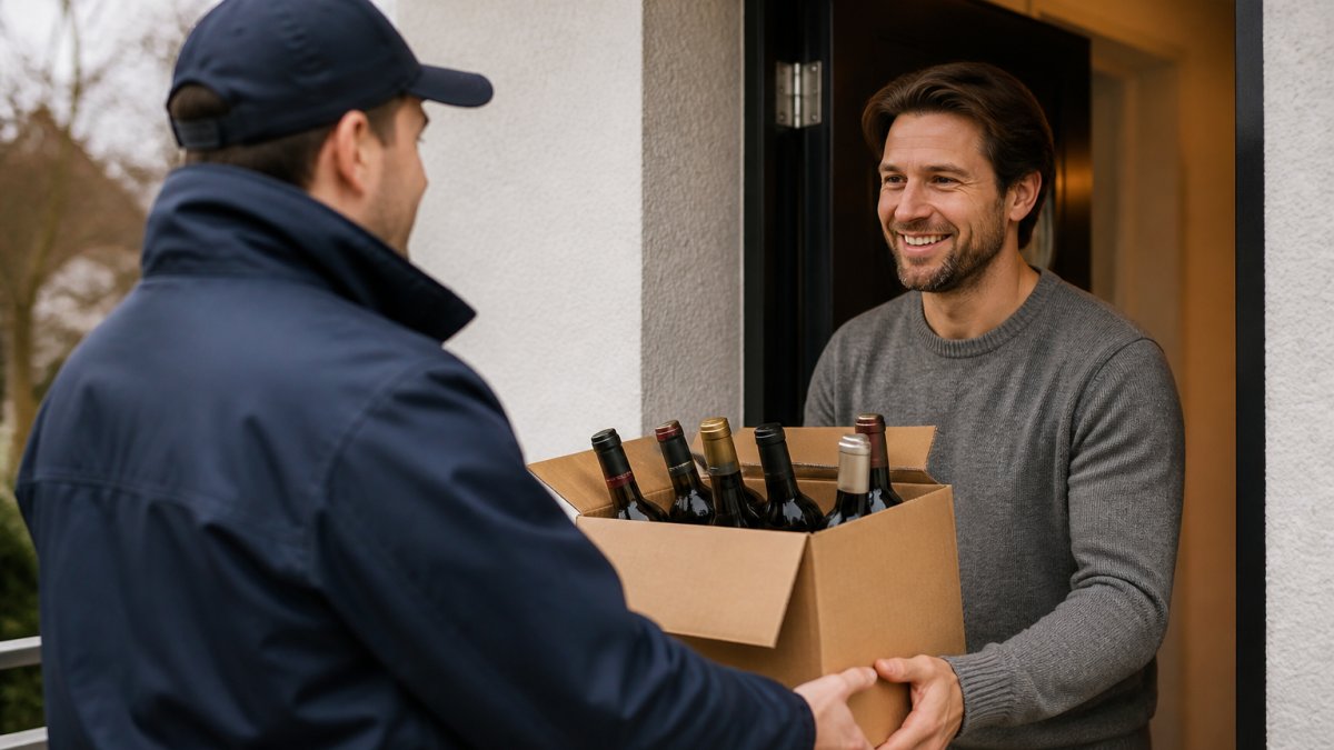 Paket med vinflaskor levereras till en husdörr, mottagare öppnar dörren för att ta emot beställningen
