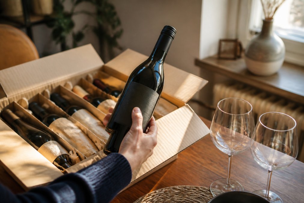 Hand som håller en vinflaska från en hemleverans av vin vid ett bord med en öppen vinlåda och vinglas