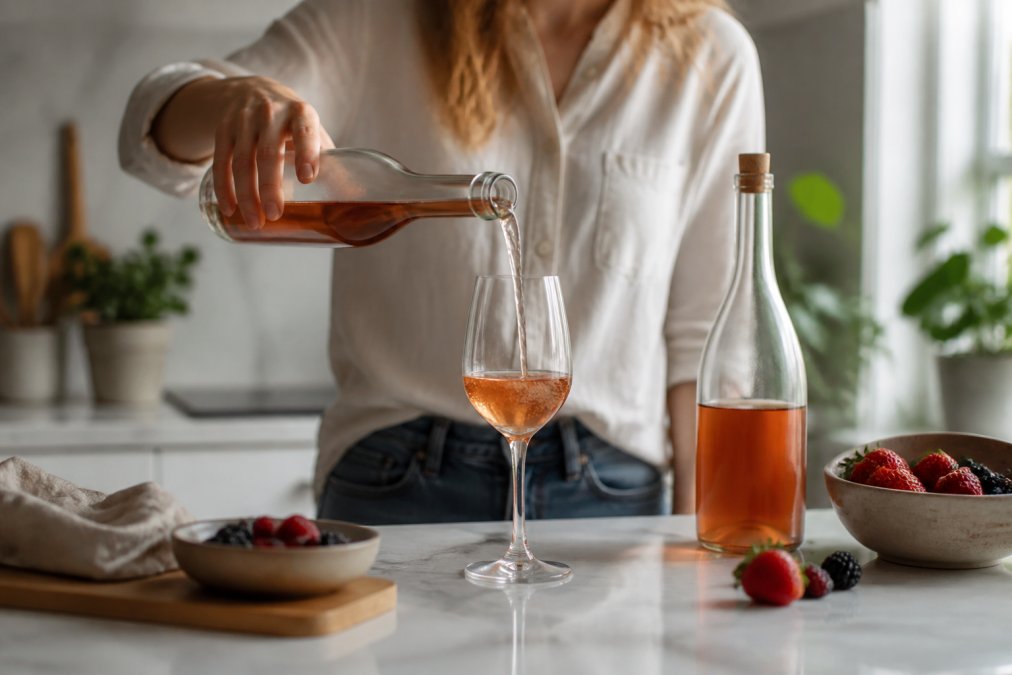 En person som häller upp ett glas naturvin i ett ljust kök, med en flaska utan etikett i bakgrunden och färska bär på bänken