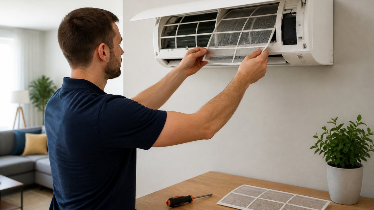 A close-up of a person's hands cleaning the air filter of an indoor air source heat pump unit in a bright living room, with a screwdriver and a clean filter resting on a nearby table