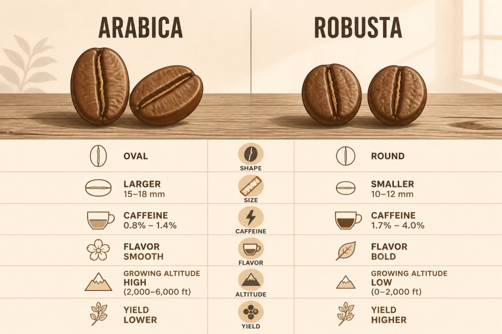 Side-by-side close-up of Arabica and Robusta coffee beans on a weathered wooden table, oval Arabica beans next to smaller rounder Robusta beans with visible split lines, soft morning window light
