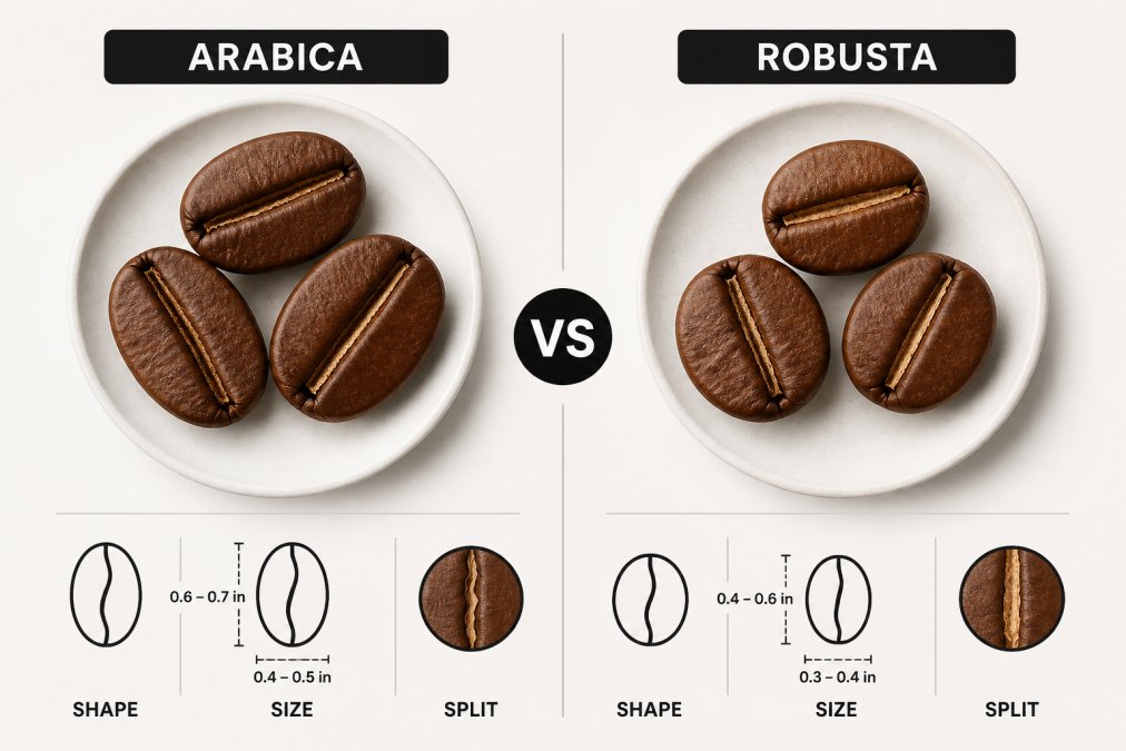 Close-up of arabica and robusta coffee beans arranged side by side on a white ceramic surface, showing the distinct elongated oval shape of arabica beans versus the rounder, more stout robusta beans with visible straight split lines