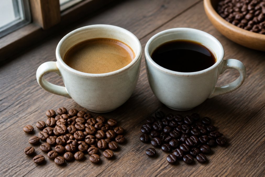 Two ceramic cups of brewed coffee with noticeably different color depths, one lighter, cleaner arabica brew and one darker, richer robusta brew, with scattered arabica and robusta beans on a wooden table with natural window lighting