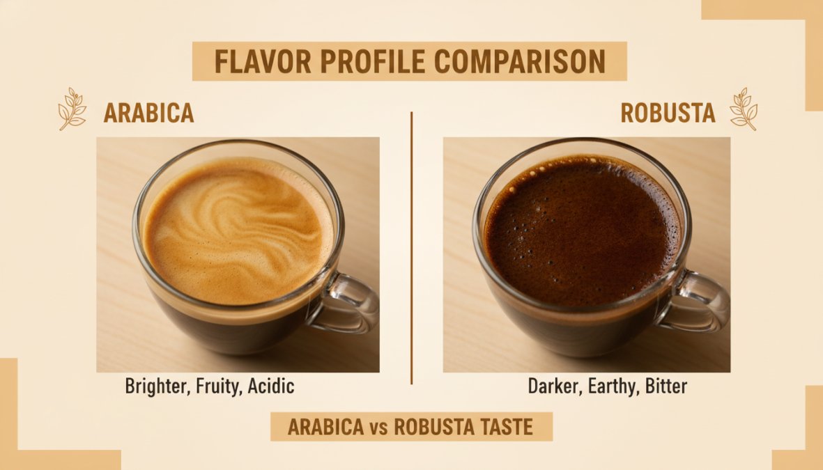 Close-up of two coffee cups side by side on a wooden table, one with lighter, vibrant espresso crema showing honey-gold tones, the other with darker, denser crema displaying deep brown richness, showcasing visual differences in body and complexity