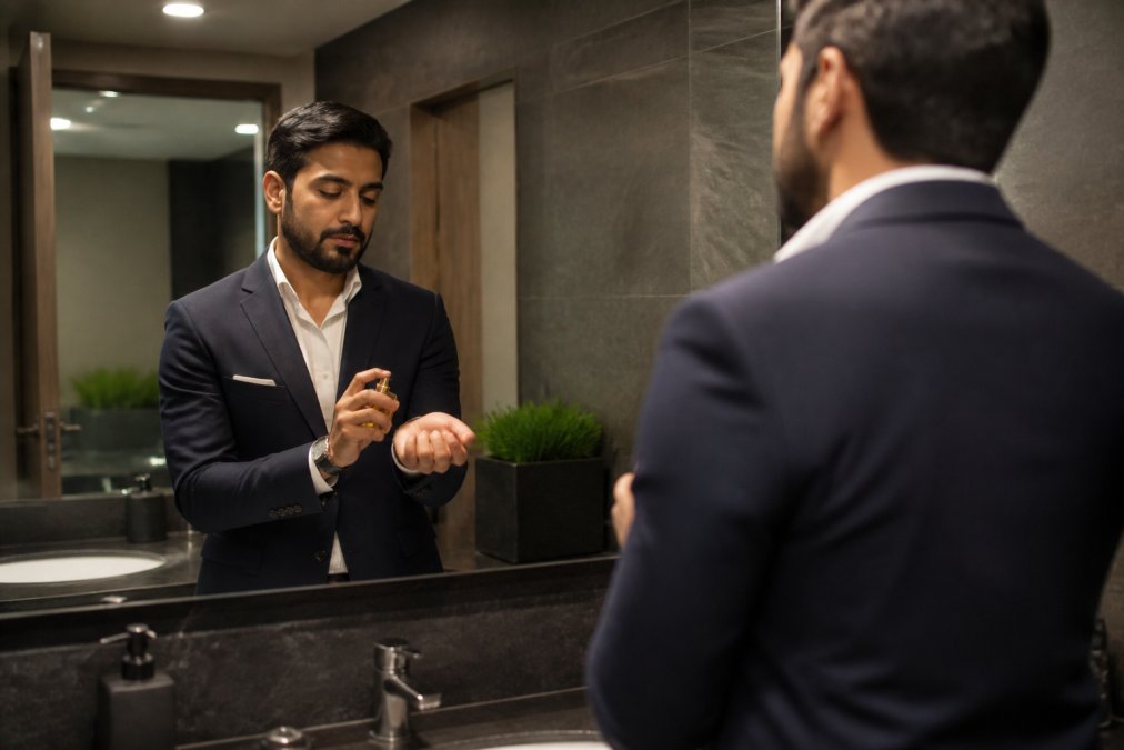 Gepflegte Person im Business-Outfit trägt dezente arabische Parfums vor einem modernen Badezimmerspiegel auf.