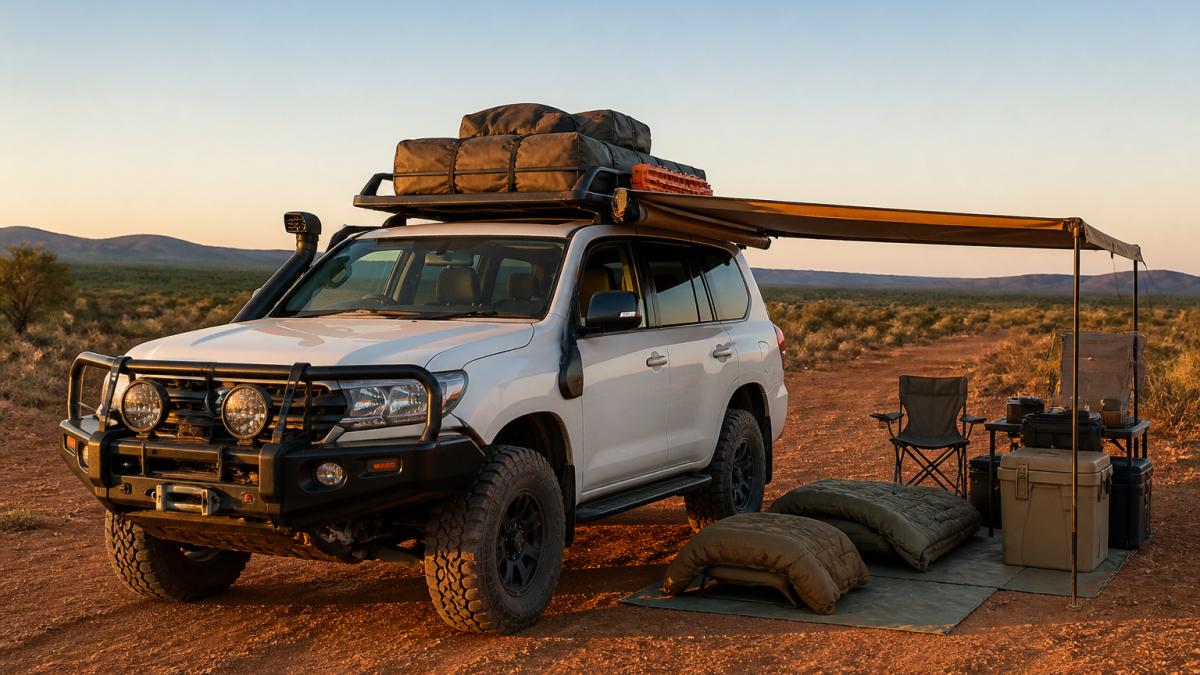 4WD vehicle equipped with ARB Corporation bull bar and roof rack parked on an outback dirt track at sunset