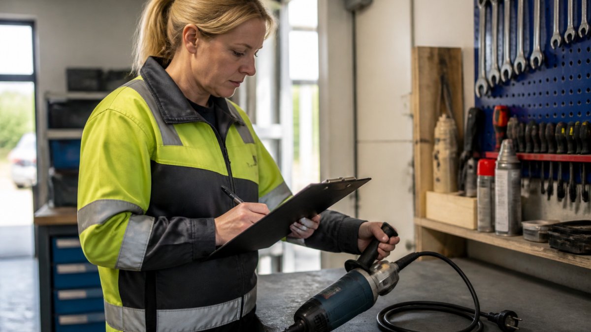 Eine Fachkraft für Arbeitssicherheit in Arbeitskleidung prüft ein handgeführtes Elektrowerkzeug in einer Werkstatt, hält ein Klemmbrett mit Prüfprotokoll und trägt Ergebnisse bei hellem Werkstattlicht ein