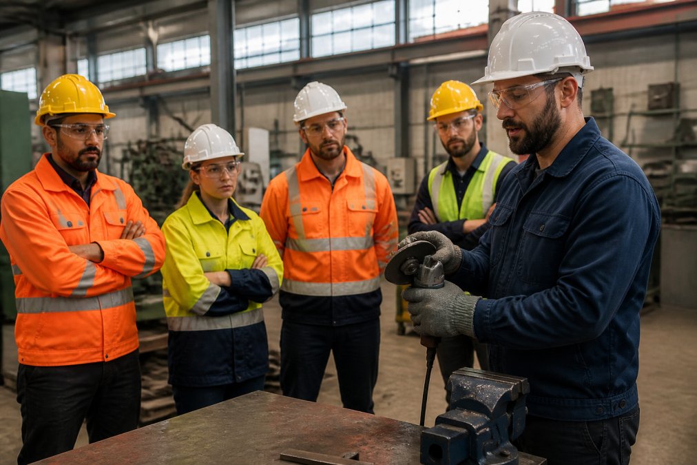 Arbeiter in vollständiger Schutzausrüstung (Sicherheitsschuhe, Warnschutzkleidung, Schutzhelm) nehmen an praktischer Sicherheitsschulung in Werkstatt teil, Ausbilder zeigt sicheren Umgang mit Werkzeugen