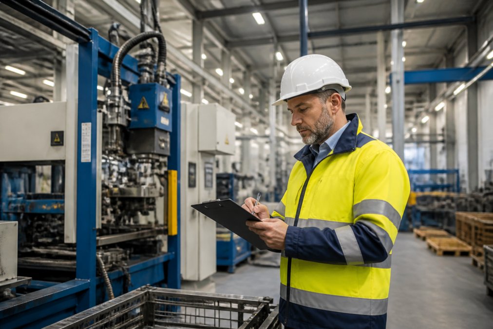 Fachkraft für Arbeitssicherheit prüft Maschinen bei der Betriebsbegehung, um Arbeitsschutz Beratung Kosten zu klären.
