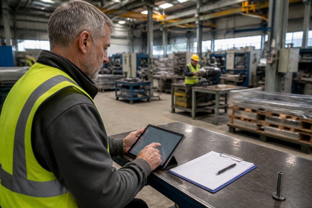 Sicherheitsfachkraft sitzt an einem Schreibtisch und erfasst Gefährdungsbeurteilungen digital auf einem Tablet, während im Hintergrund ein Produktionsbetrieb mit Maschinen und Arbeitern zu sehen ist