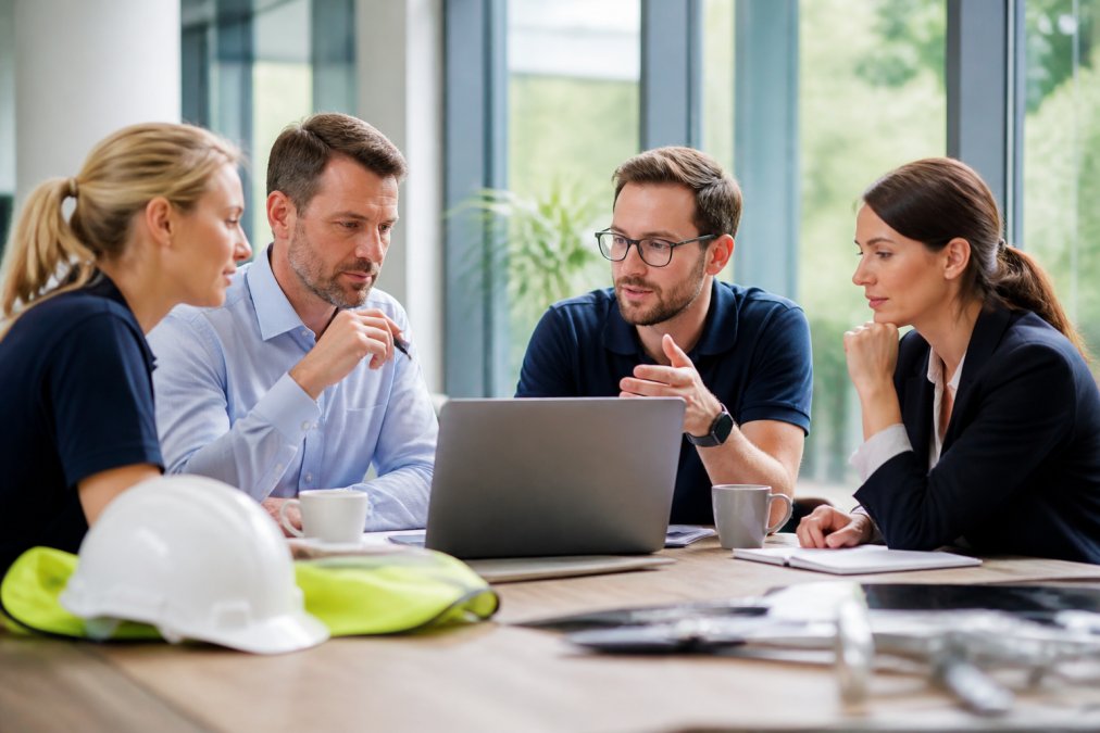 Team aus Mitarbeitern und Führungskräften sitzt zusammen in einem modernen Büro und diskutiert über einen Laptop, der digitale Arbeitsschutz-Prozesse zeigt, helles Tageslicht fällt durch große Fenster