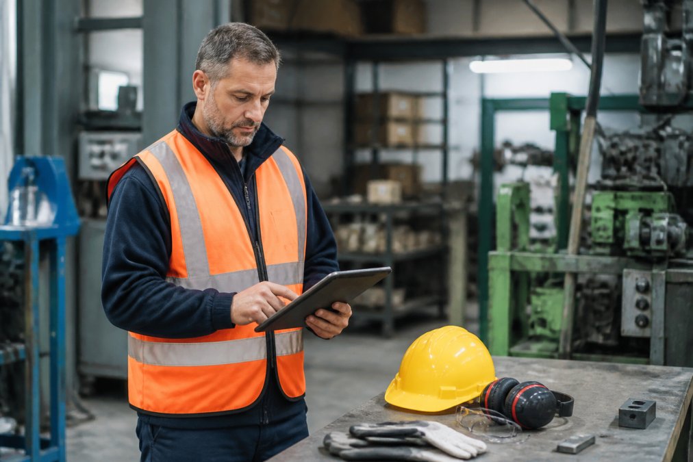 Sicherheitsbeauftragter führt Gefährdungsbeurteilung an Arbeitsplatz durch, dokumentiert auf Tablet, umgeben von Sicherheitsausrüstung und Arbeitsplatzeinrichtungen in modernem Betrieb