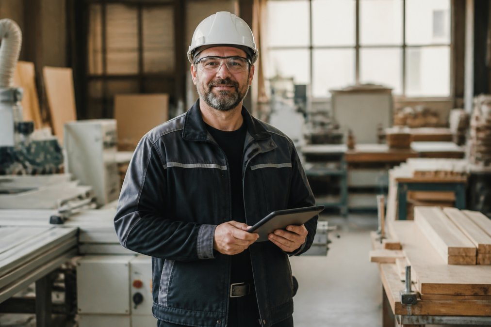 Ein Handwerksmeister in Arbeitskleidung mit Helm und Schutzbrille steht in seiner Werkstatt, im Hintergrund sind Maschinen und Werkbänke zu sehen, er hält ein Tablet in der Hand