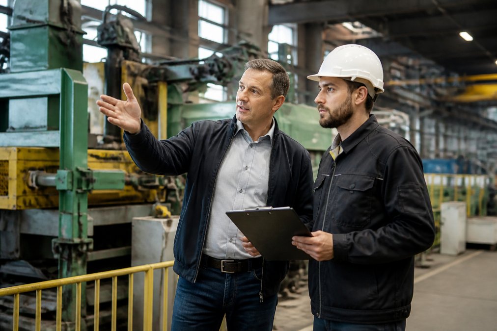 Betriebsleiter und externer Sicherheitsberater führen gemeinsam eine Betriebsbegehung durch, besprechen Sicherheitsmaßnahmen an einer Produktionsanlage mit Maschinenpark im Hintergrund, professionelle Arbeitskleidung, natürliche Fabrikhalle-Beleuchtung