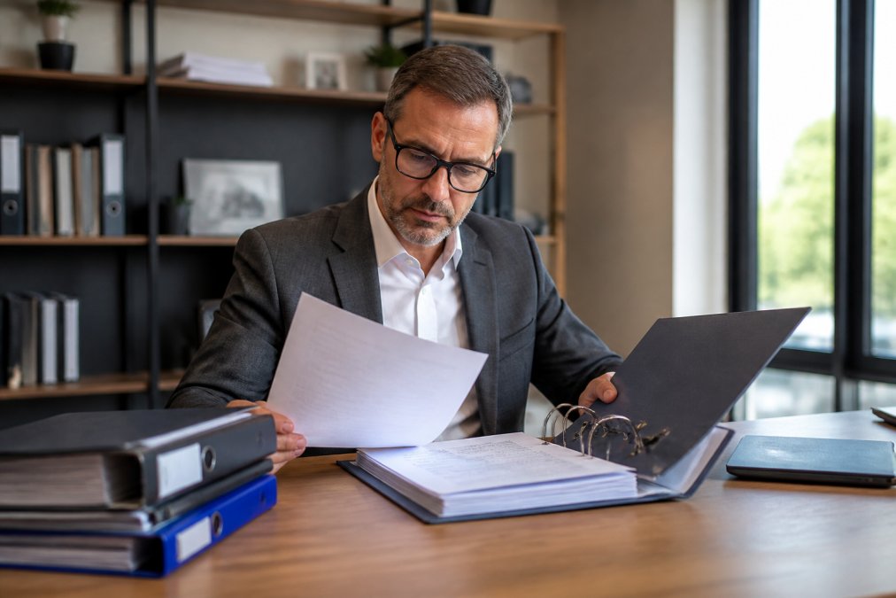 Geschäftsführer prüft Dokumentation, Zertifikate und Referenzen eines Arbeitssicherheitsberaters in modernem Büro mit Schreibtisch, Dokumentenordnern und Laptop, professionelle Beleuchtung