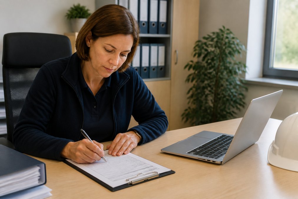 Fachkraft für Arbeitssicherheit sitzt an einem aufgeräumten Schreibtisch, füllt konzentriert ein strukturiertes Formular auf einem Klemmbrett aus, daneben ein geöffneter Laptop mit einem Dokumentationsformular auf dem Bildschirm, warmes Bürolicht