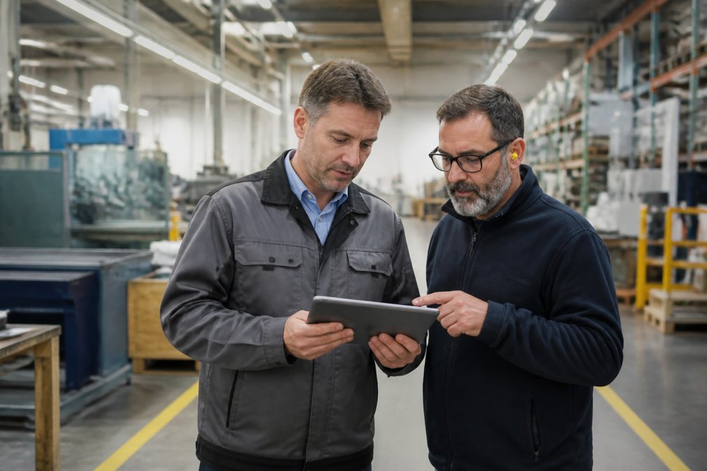 Betriebsleiter und Sicherheitsbeauftragter stehen nebeneinander in einer Produktionshalle, schauen gemeinsam auf ein Tablet-Display und besprechen Dokumente, im Hintergrund Maschinen und Regale, Industriebeleuchtung
