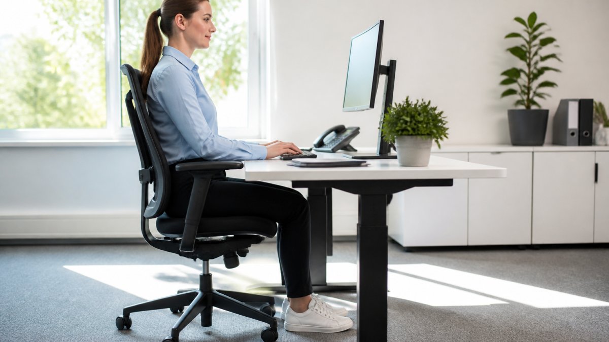 Mitarbeiterin sitzt an ergonomischem Schreibtisch mit höhenverstellbarem Tisch, ergonomischem Stuhl und Monitor auf Augenhöhe, natürliches Licht fällt von links ein