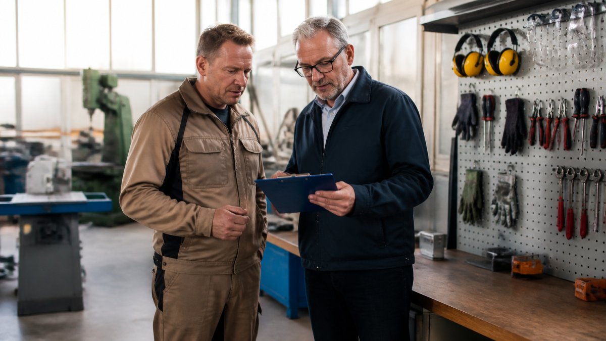 Ein Handwerksmeister und ein Sicherheitsberater gehen gemeinsam mit einem Klemmbrett durch eine Werkstatt und prüfen Maschinen und Schutzausrüstung an den Arbeitsplätzen, Tageslicht durch große Fenster, Werkzeug an der Wand