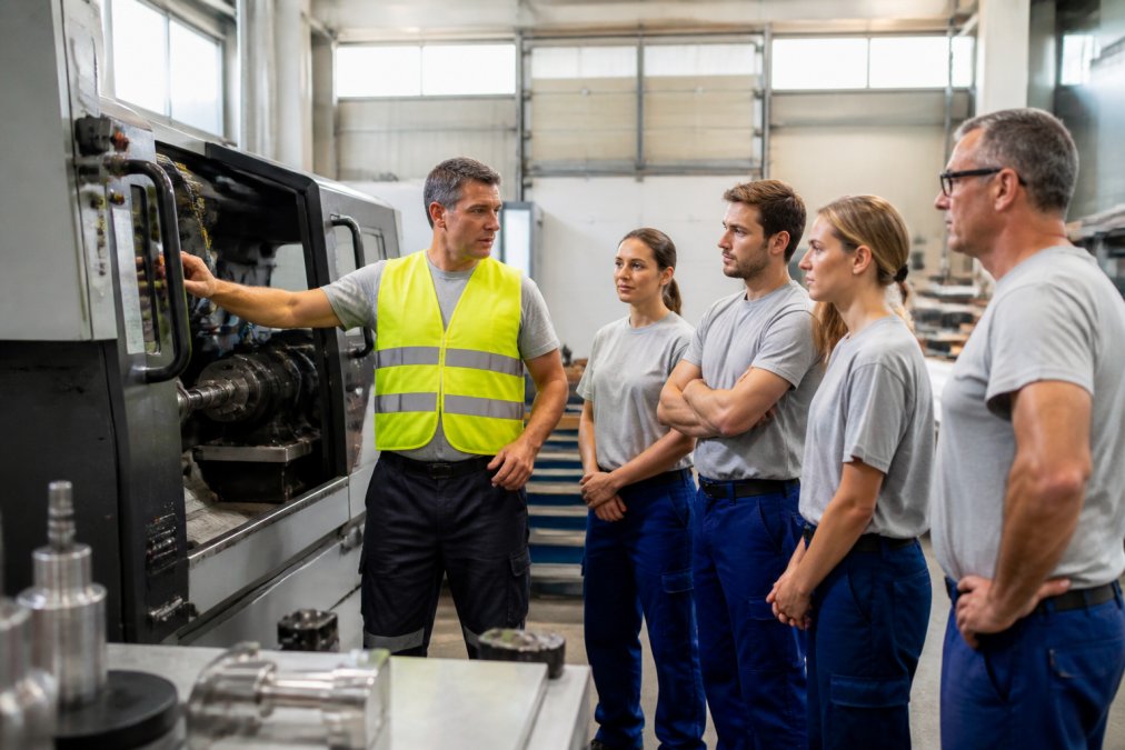 Ein Sicherheitstrainer in Warnweste zeigt einer kleinen Gruppe von Mitarbeitern in Arbeitskleidung die korrekte Handhabung einer Industriemaschine in einer hellen Werkstatthalle