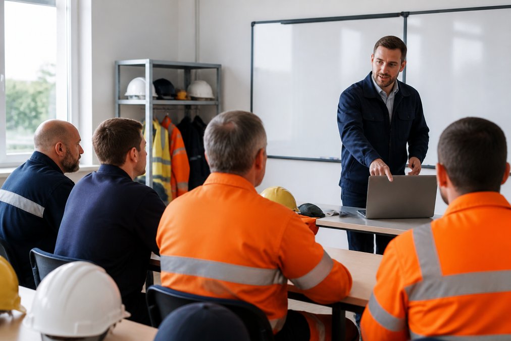 Eine Gruppe von Mitarbeitern in Arbeitskleidung sitzt in einem hellen Schulungsraum, während ein Trainer vor einem Whiteboard mit Sicherheitsdiagrammen steht und auf einen Laptop zeigt