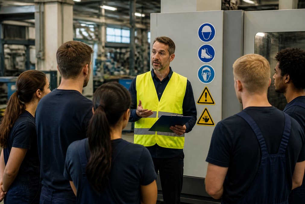 Ein Sicherheitsbeauftragter mit Warnweste und Klemmbrett erklärt einer Gruppe von Produktionsmitarbeitern in einer Fabrikhalle eine Sicherheitsunterweisung, im Hintergrund sind Maschinen und Sicherheitskennzeichnungen sichtbar