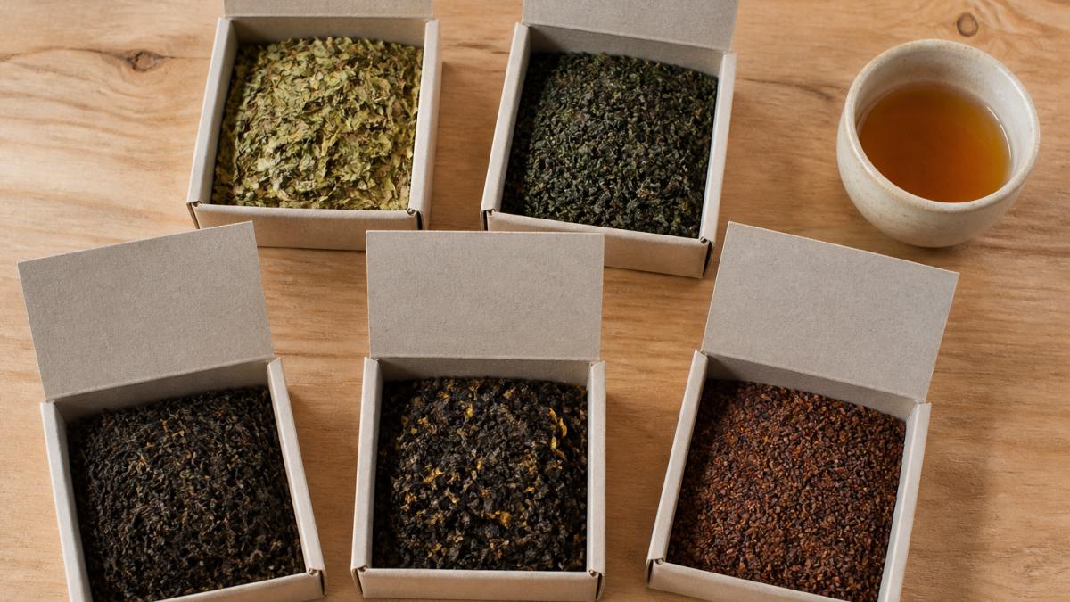 Overhead shot of five open tea sampler boxes arranged on a light wood table, each showing loose tea leaves in different colors from pale green to dark amber, with a small ceramic tasting cup beside them