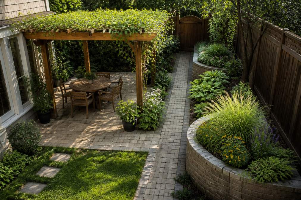 Overhead view of a compact residential backyard featuring a custom stone patio with an attached wooden arbor structure covered in climbing vines, narrow permeable paver pathway flanked by shade plantings, and raised retaining wall planter bed with ornamental grasses and perennials