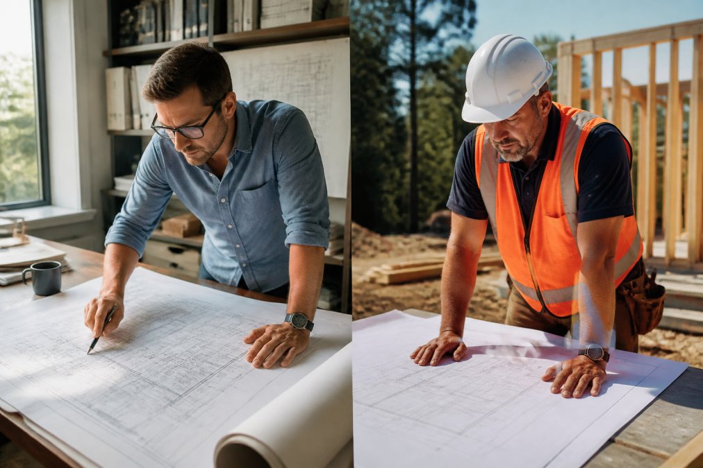 Professional architect reviewing detailed architectural plans and construction documents spread across a desk, pointing to structural details with a pen, natural light from office window illuminating blueprints