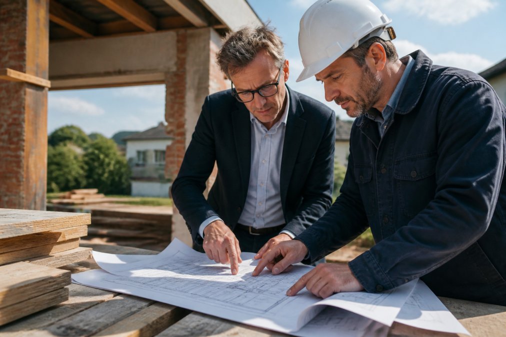 Architect and contractor reviewing blueprint details at a construction site to resolve the architect vs contractor workflow.