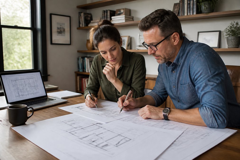 Two professionals in a home office reviewing large architectural blueprints and structural drawings spread across a table, with a laptop showing floor plans and a coffee mug nearby