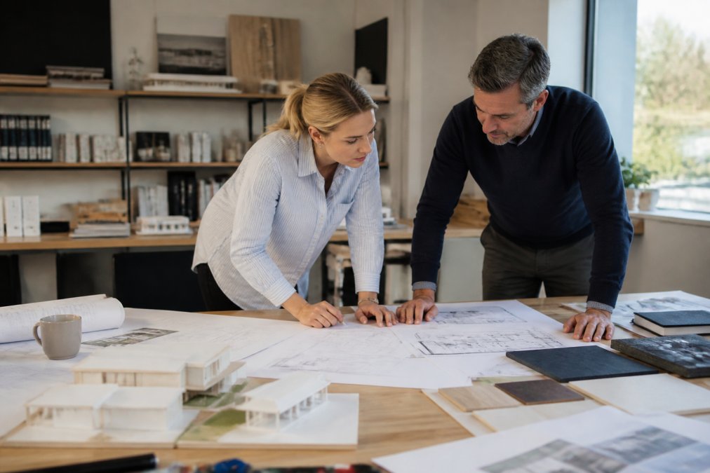 Professional architect and client reviewing building plans and design sketches on a desk in a modern office setting, with architectural models and design samples visible