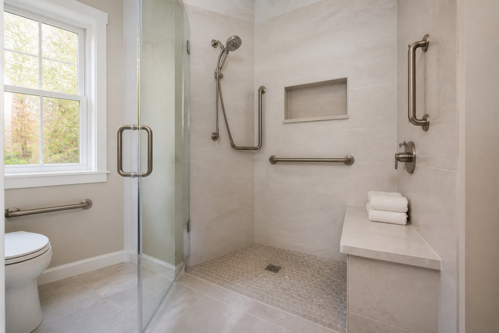 A bright, accessible bathroom with a walk-in shower featuring a built-in bench, grab bars, and non-slip tile flooring, with natural lighting from a window