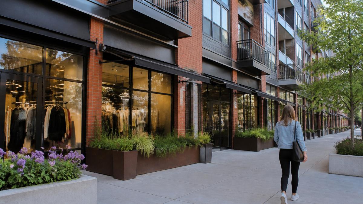 Pedestrian walking past an activated retail shopfront in a vibrant mixed-use building in the Midwest