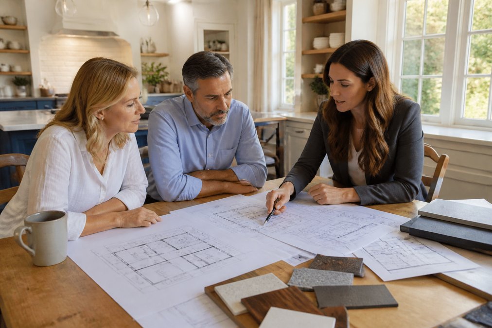 Homeowners reviewing blueprints with an architect during the six architectural design phases.