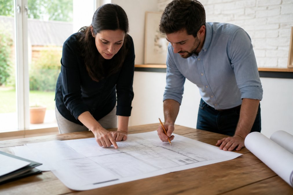 Architect and engineer reviewing architectural design blueprints for a load-bearing wall extension