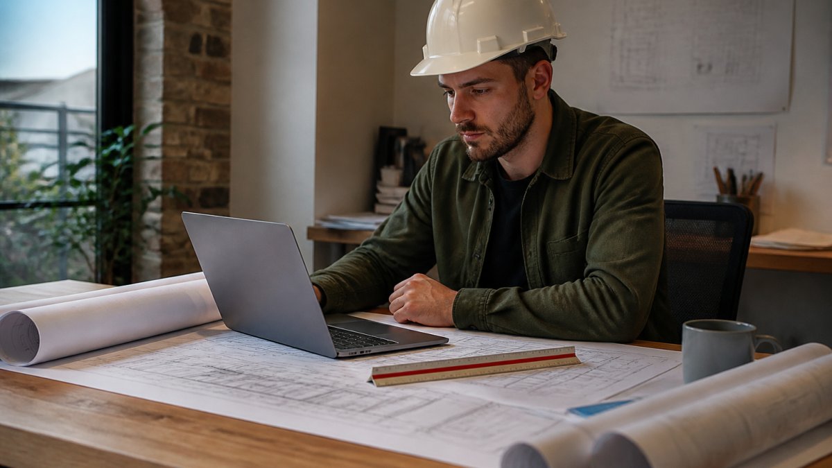 An architectural engineer in a hard hat reviewing structural drawings on a laptop at a desk covered with rolled-up plans and a scale ruler, warm office lighting