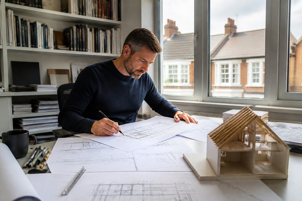 Architect reviewing detailed loft conversion blueprints and structural drawings at a workspace with scale model, technical plans spread across desk, natural daylight from office window