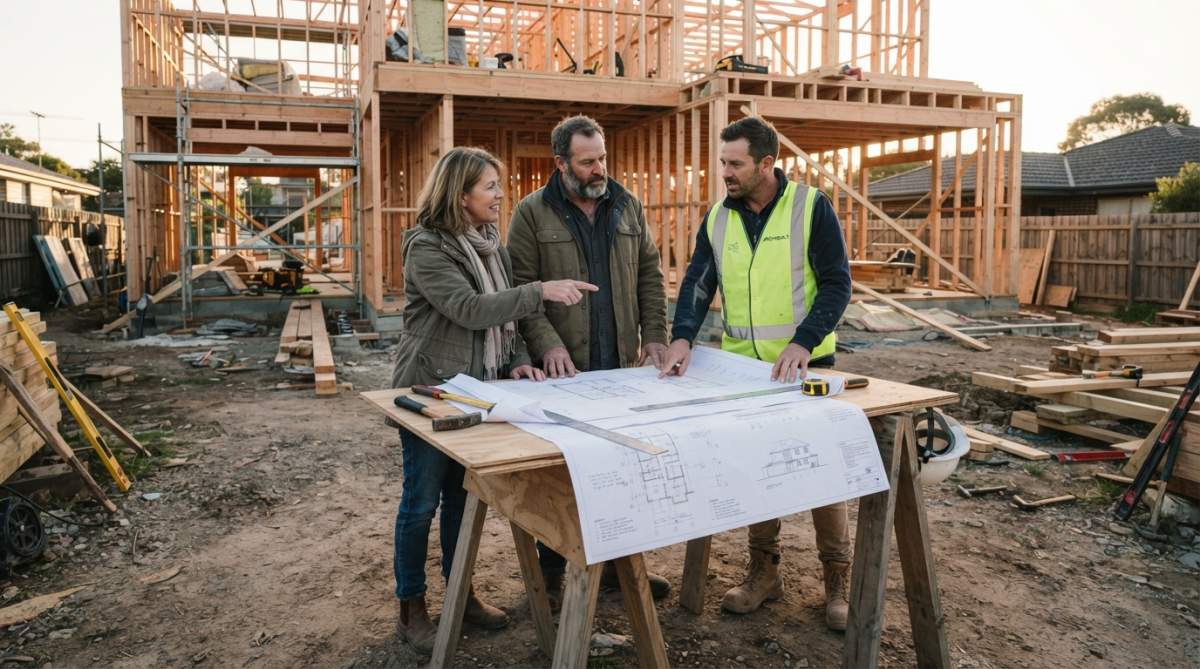 A homeowner couple in their fifties standing on a residential building site with a builder, reviewing architectural drawings spread across a makeshift table, timber frame of a new home visible behind them, late afternoon light