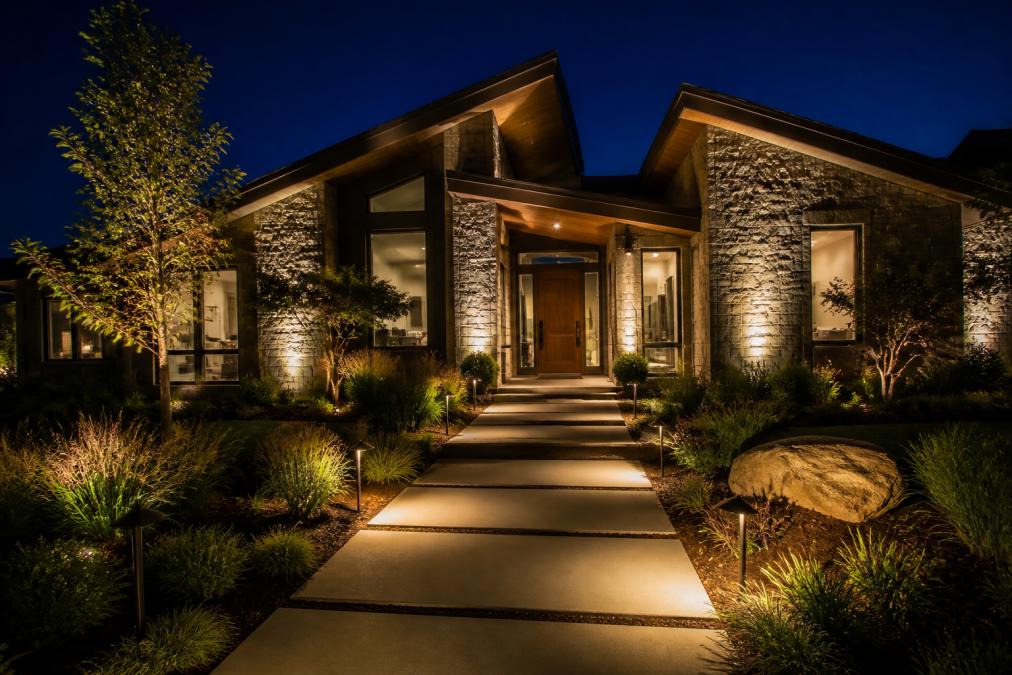 Modern home facade at night with warm uplighting on stone exterior walls, architectural details highlighted with accent lighting, and a lit pathway leading to the entrance