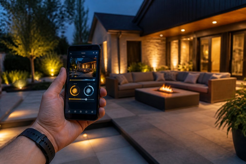 Homeowner's hand holding a smartphone displaying a lighting control app with dimming and color temperature adjustments, outdoor patio lights visible in the background