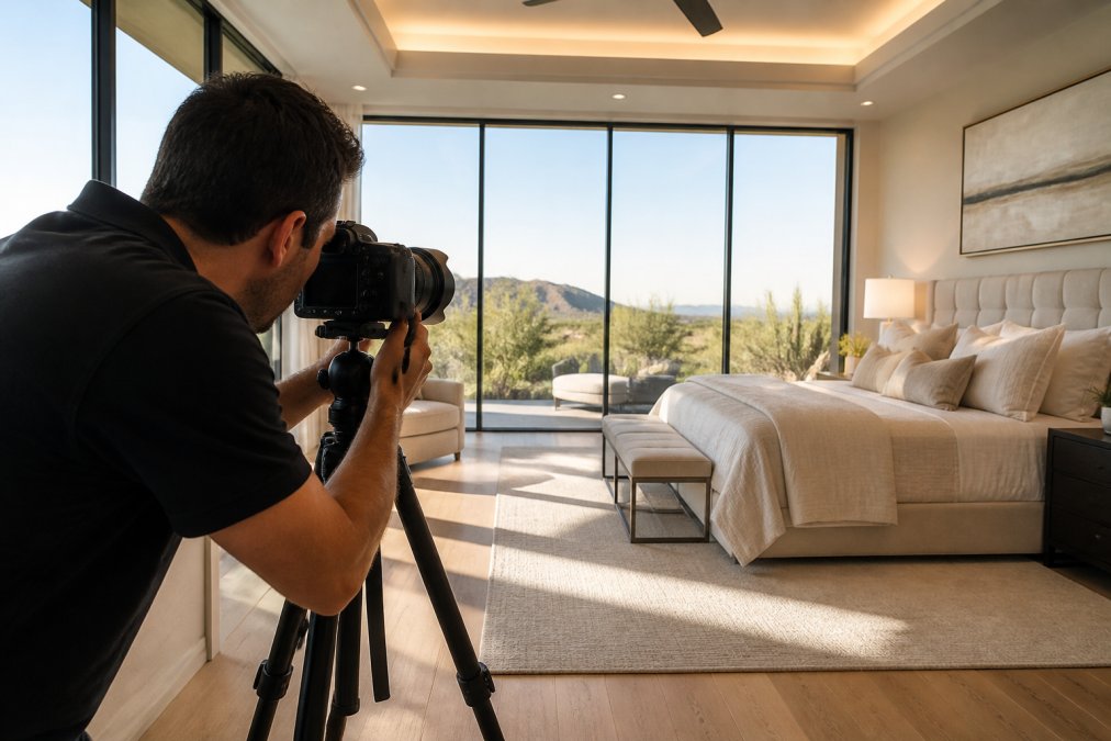 Professional photographer positioning a full-frame camera with wide-angle perspective control lens on a sturdy tripod in a luxury master bedroom with floor-to-ceiling windows, soft natural light streaming across neutral furnishings and architectural details
