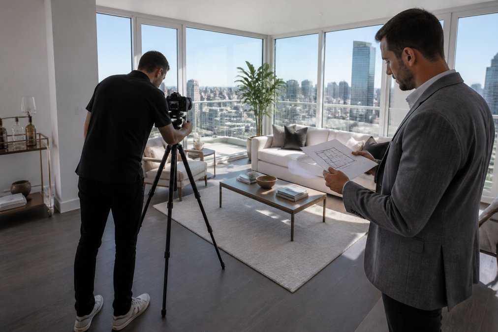 Photographer setting up a tripod for architectural photography in a bright, modern apartment with a developer.