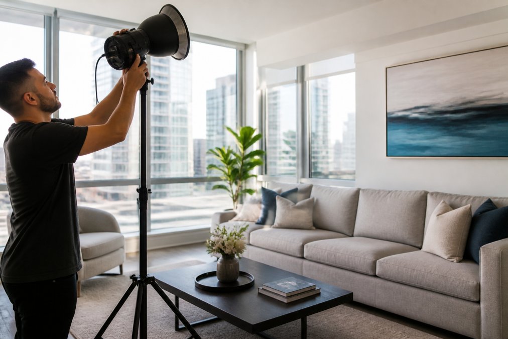 Diagram illustrating the flambient technique for architectural property photography using flash and ambient light.